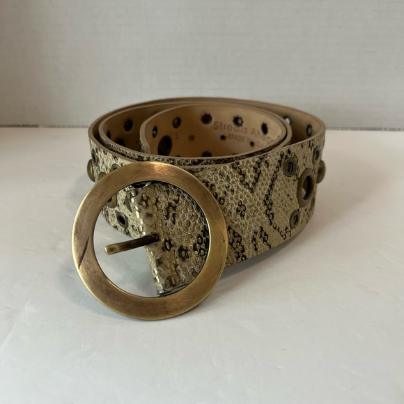 Streets Ahead leather belt python pattern sz L brass buckle & studs EC vintage - Picture 2 of 12